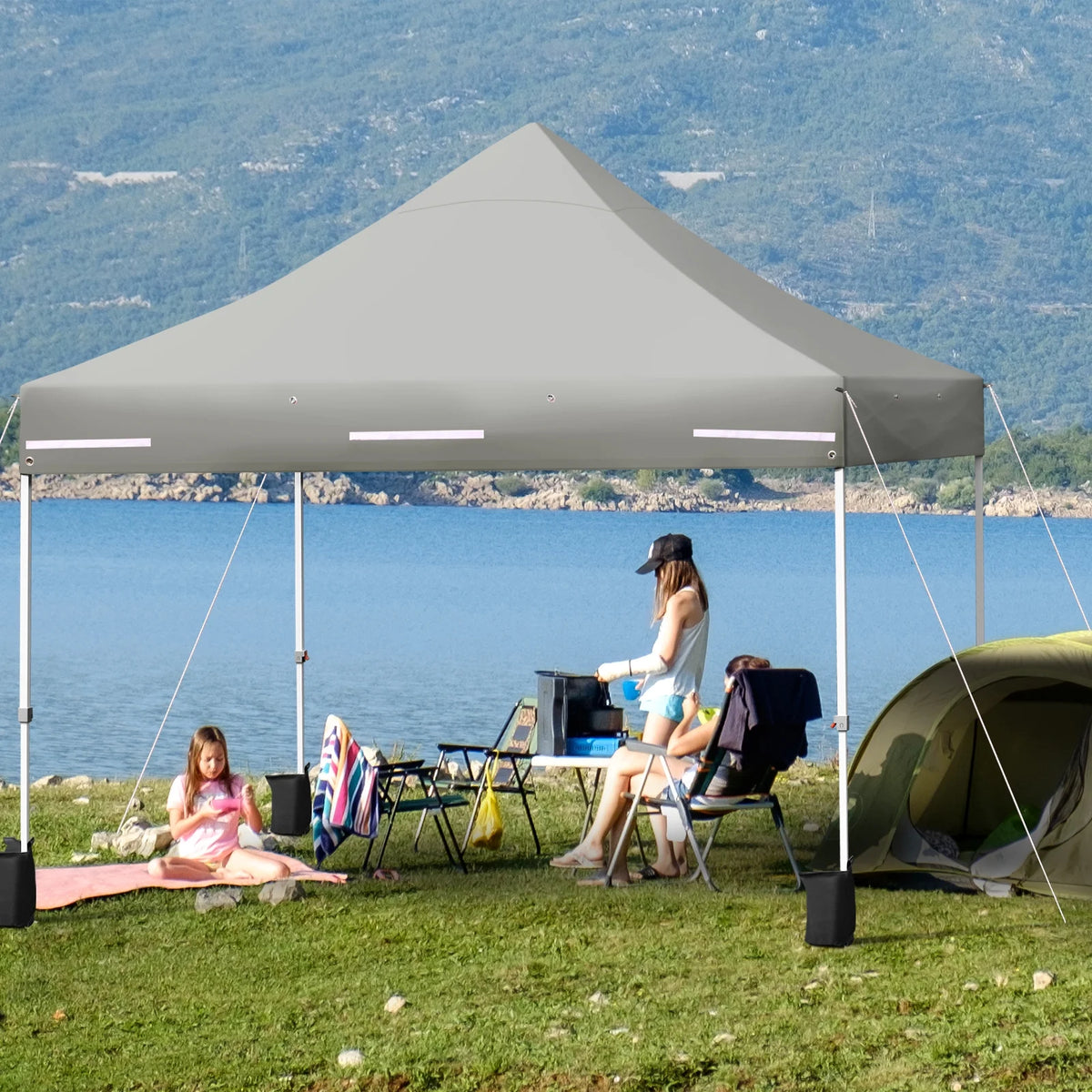 2026 Patiojoy 10x10ft Pop up Tent, 4 Height Adjustment Folding Camping Tent with Awning Blue