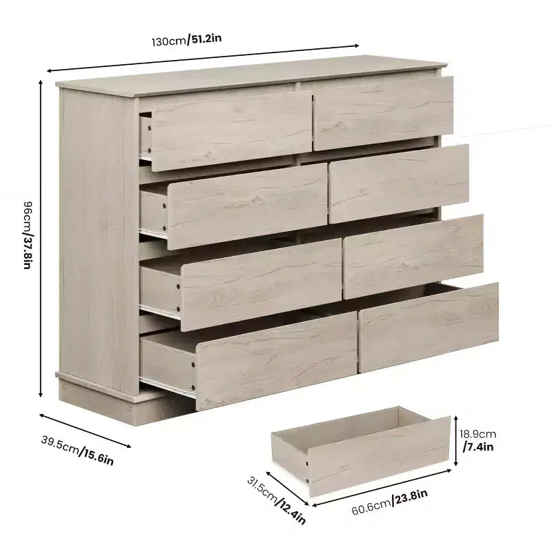 2026 Cómoda horizontal de 8 cajones – 130 cm de ancho, MDF resistente a los arañazos, cajones con acabado de lino sintético.