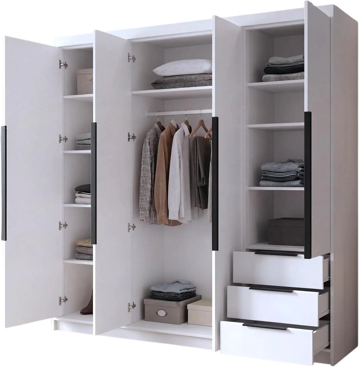 2026 A and J MöbelLand VIVO Armario de 4 puertas con espejo y cajones – 200 x 215 cm – Armario con puertas batientes, barra para colgar ropa y estantes