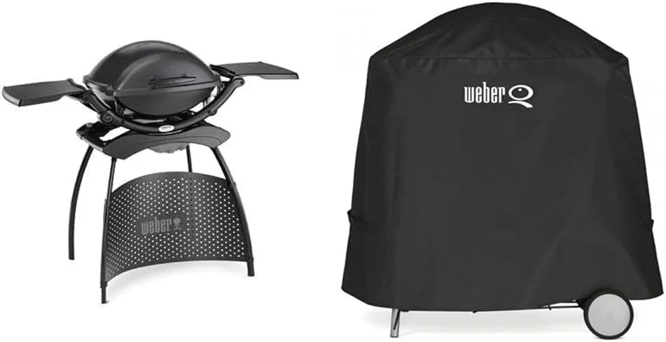 Parrilla eléctrica Weber Q2400 de 2026 con soporte y mesas laterales, superficie de cocción de 54 x 39 cm, portátil, rejilla de cocción de hierro fundido esmaltado en porcelana de 2 piezas, tapa y carcasa de aluminio fundido – Gris oscuro (55020879)