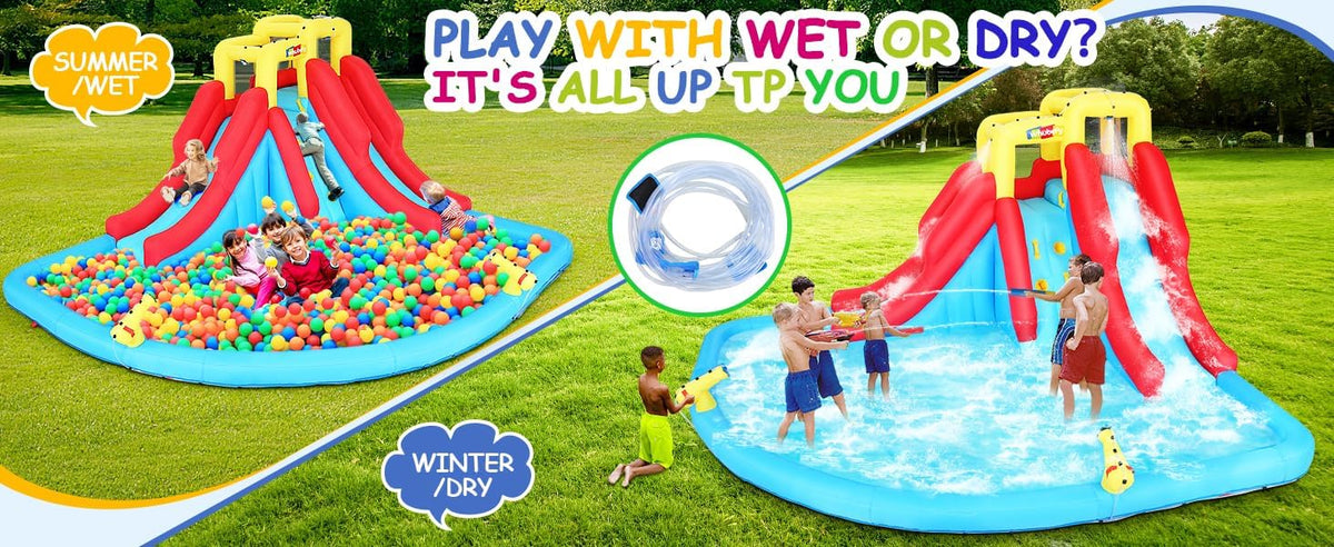 2026 Inflatable Water Slides for Kids 8-in-1 Bounce House Water Park with 450W Blower Climbing Wall, Splash Pool, 2 Water Cannons, Basketball Hoop, Water Slide, Crocodile Sprinkler for Gift Backyard Party