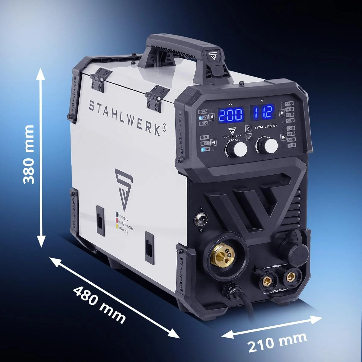 Máquina de soldadura por arco metálico con gas combinada STAHLWERK 3 en 1 MTM – 200 ST 2026 – Equipo completo – TIG, MIG/MAG, MMA/Stick hasta 200 A, alimentación de alambre sinérgica, accionamiento de 4 rodillos, adecuada para alambre tubular, acero