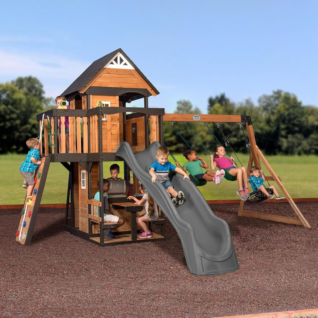 2026 Canyon Creek Cedar Wood Swing Set with Wave Slide, Clubhouse, Play Kitchen, Picnic Area, Belt Swings, Web Swing, Rock Wall, Balconies,…