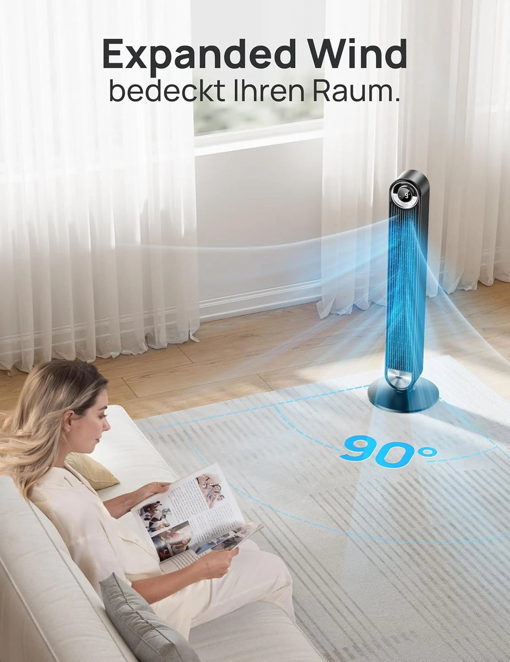 Ventilador de torre inteligente silencioso DREO 2026 de 25 dB, 106 cm de altura, 4 modos, 9 velocidades, máx. 7,9 m/s, temporizador de 12 h, oscilación de 90° con mando a distancia, control por voz, refrigeración, Cruiser Pro T2S, negro.