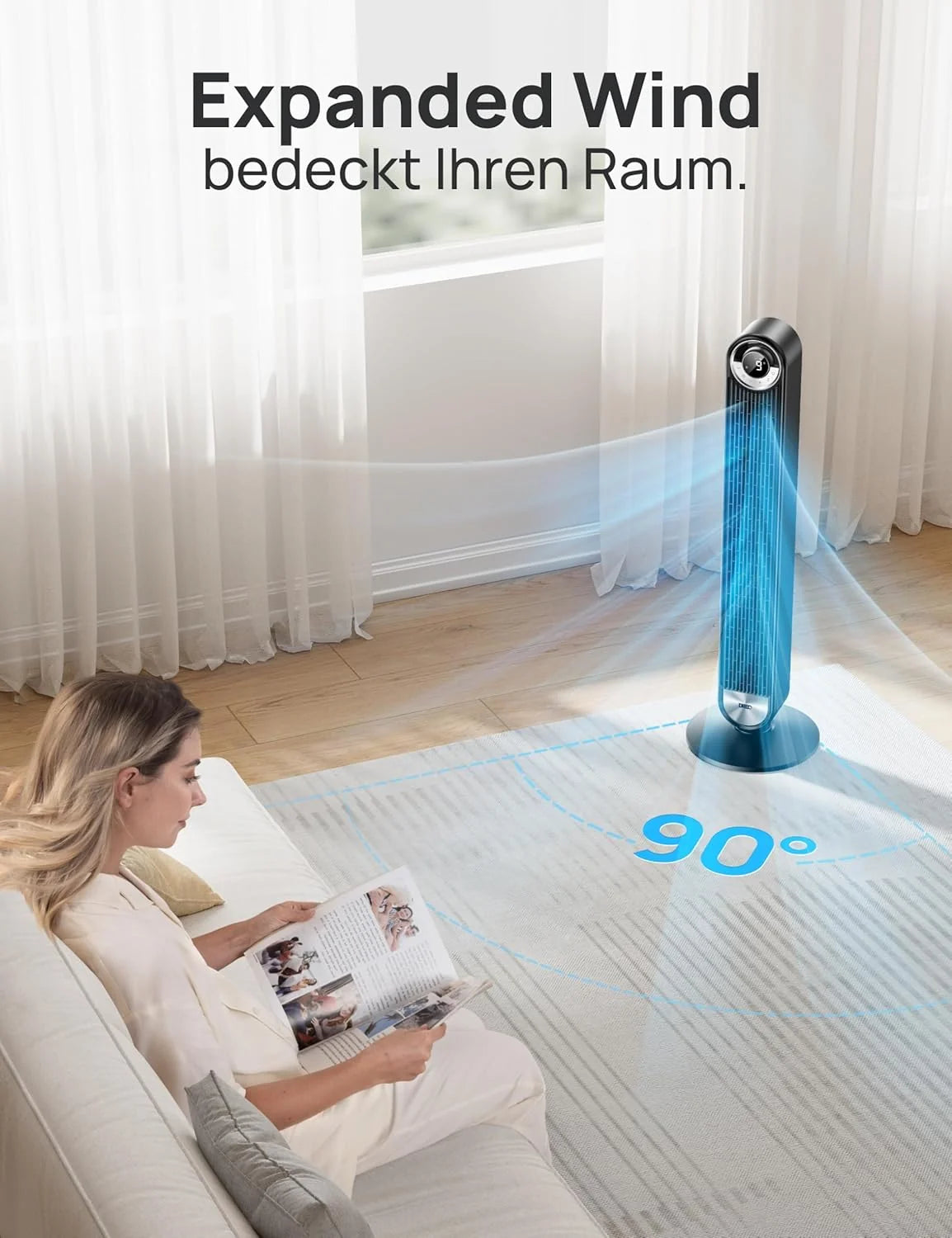 Ventilador de torre inteligente silencioso DREO 2026 de 25 dB, 106 cm de altura, 4 modos, 9 velocidades, máx. 7,9 m/s, temporizador de 12 h, oscilación de 90° con mando a distancia, control por voz, refrigeración, Cruiser Pro T2S, negro.
