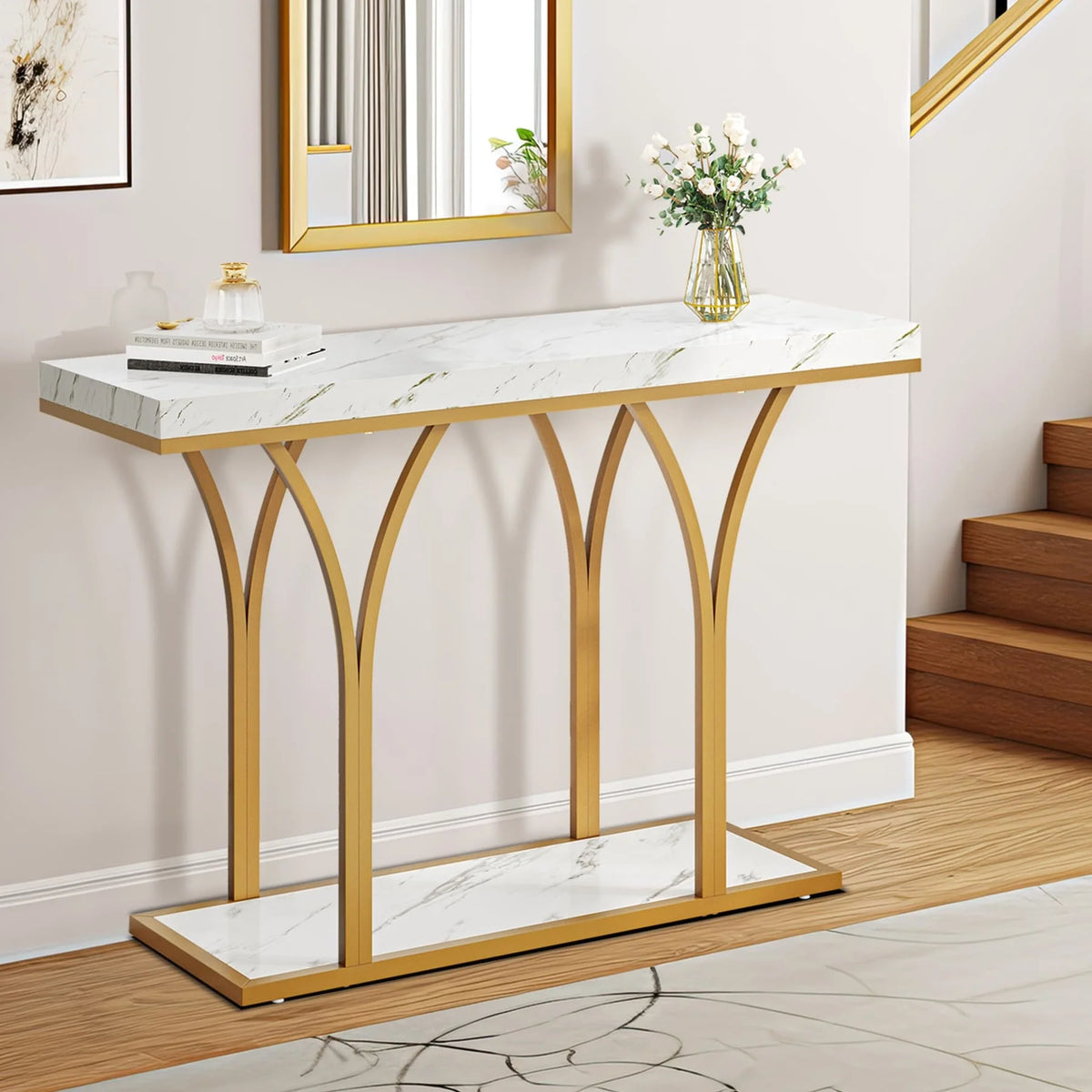 2026 Modern Gold Console Table with Marbled Top, Sofa Table for Entryway and Hallway