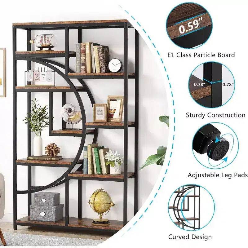 2026 Librería de 5 niveles de 175 cm – Diseño geométrico en forma de media luna, marrón y negro.