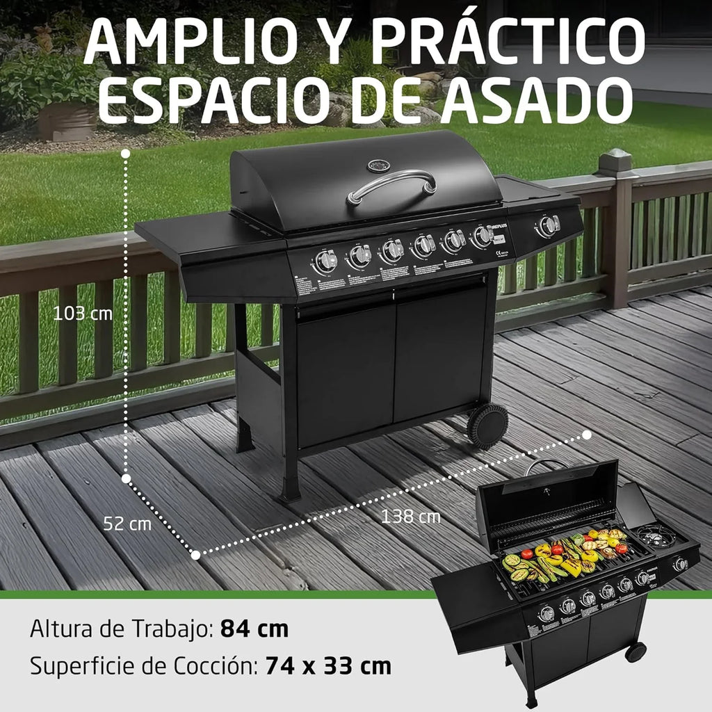 2026 Amig – Barbacoa de gas Fireplus 6+1 de 12,9 kW – Acero inoxidable Negro – Parrilla con ruedas Modelo GRILL – 6F – Barbacoa XXL con carro y termómetro – 138x52x103 cm – 7 quemadores y Bandeja lateral