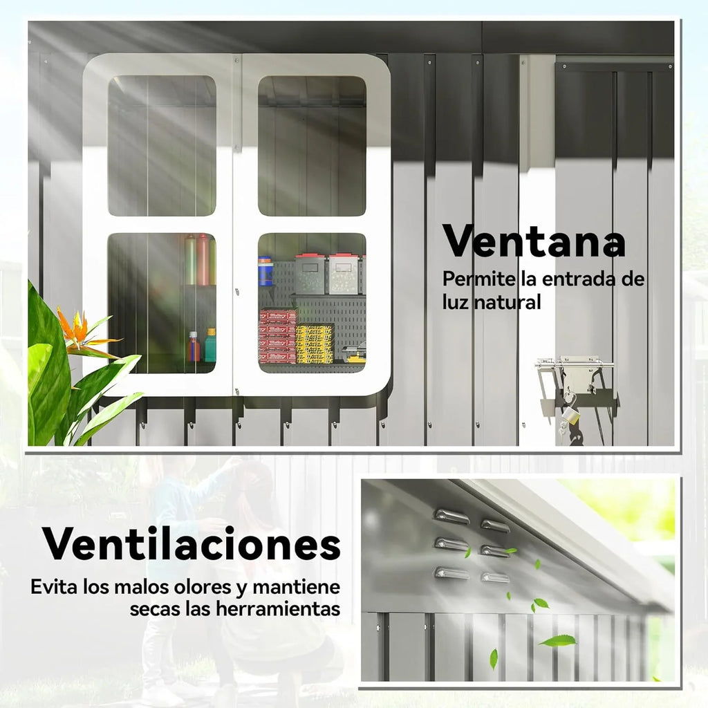 2026 Outsunny Caseta de Jardín Exterior, 2,55 m² 221x133x190 cm, Cobertizo de Jardín Exterior Metálico con Ventana, Puerta con Cerradura y Ventilaciones, para Almacenamiento de Herramientas, Gris Oscuro