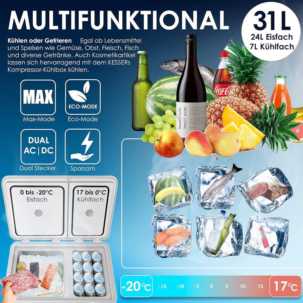 Nevera portátil KESSER 2026 con compresor, 2 en 1, doble zona de refrigeración y congelación, con congelador eléctrico, 2 acumuladores de frío y control táctil LED | Refrigerador con capacidad de enfriamiento hasta – 20 °C para camping, coche y