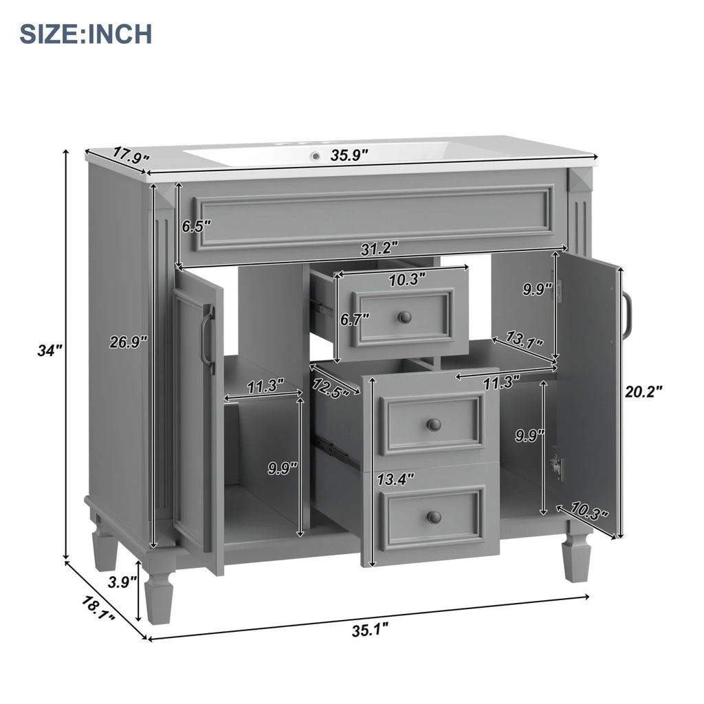 2026 Modern Bathroom Furniture Set, 36" Bathroom Vanity with Top Sink, 35" Wall Mounted Bathroom Storage Cabinet, Mirror Cabinet with 6 Shelves, Storage Cabinet with 2 Doors and 2 Drawers, Grey