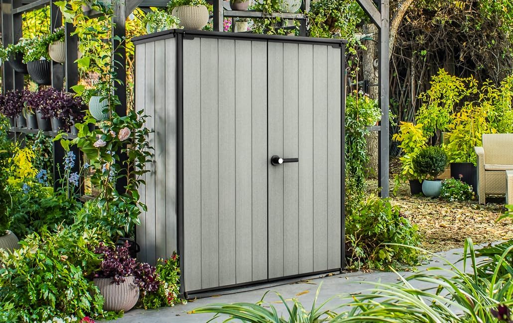 2026 Keter High Store Plus – Cobertizo de jardín Exterior, 1400L, Color Gris, tecnología Duotech Paredes aptas para Pintar, 170.4 x 140 x 73.6 cm