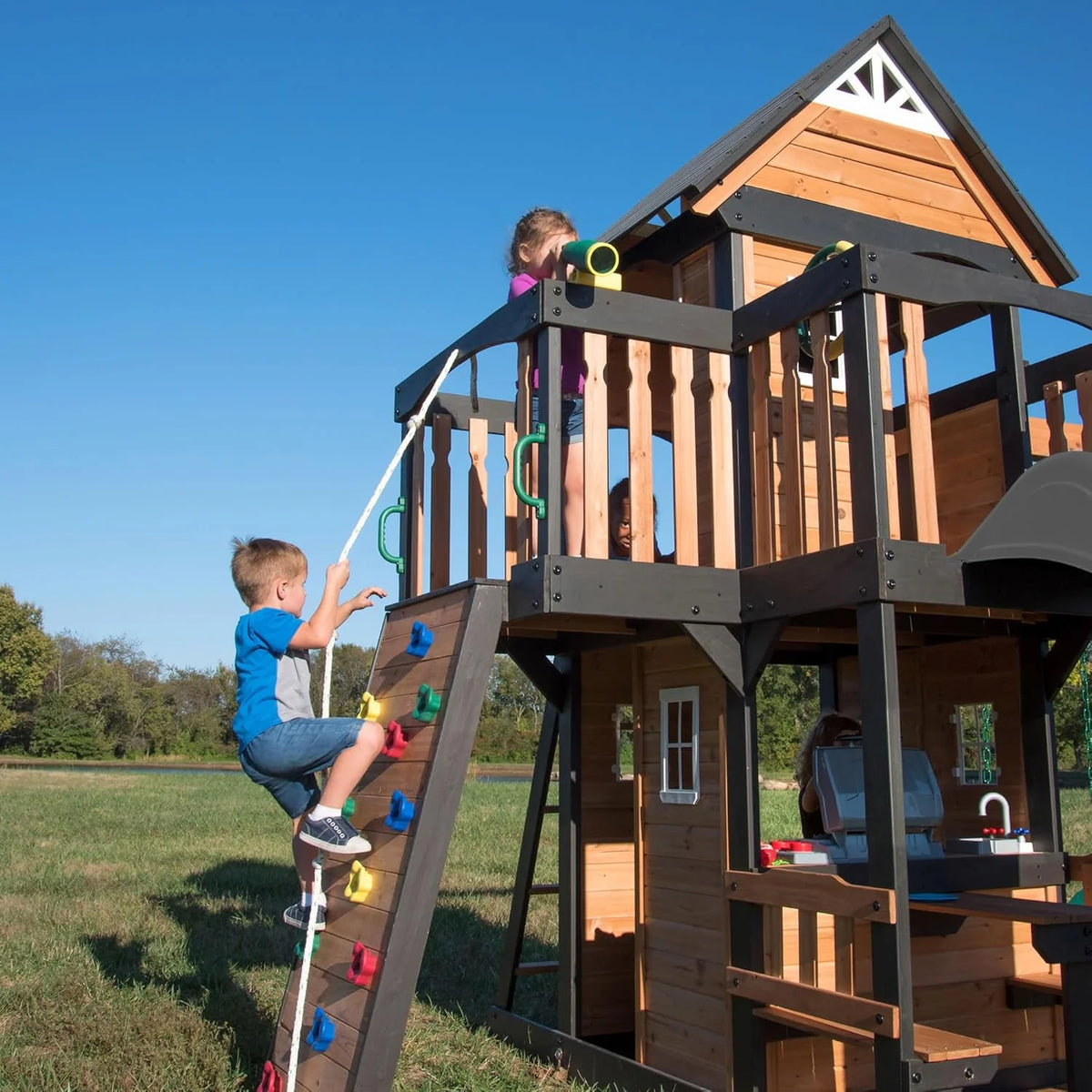 2026 Canyon Creek Cedar Wood Swing Set with Wave Slide, Clubhouse, Play Kitchen, Picnic Area, Belt Swings, Web Swing, Rock Wall, Balconies, Playhouse, Step Ladder, Outdoor Playset