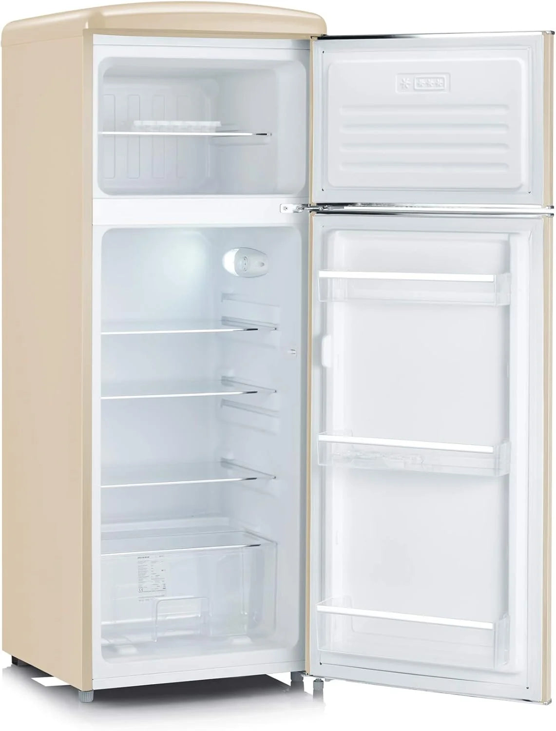 SEVERIN Retro 2026 – Combinación de frigorífico y congelador, una maravilla que ahorra espacio, 4 estantes regulables en altura y un amplio cajón para verduras, capacidad neta de 206 L, color crema, RKG 8933