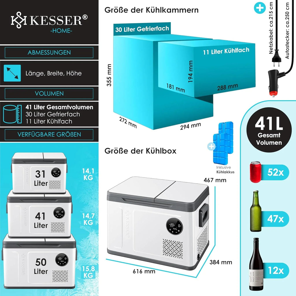 Nevera portátil KESSER 2026 con compresor, 2 en 1, doble zona de refrigeración y congelación, con congelador eléctrico, 2 acumuladores de frío y control táctil LED | Refrigerador con capacidad de enfriamiento hasta – 20 °C para camping, coche y
