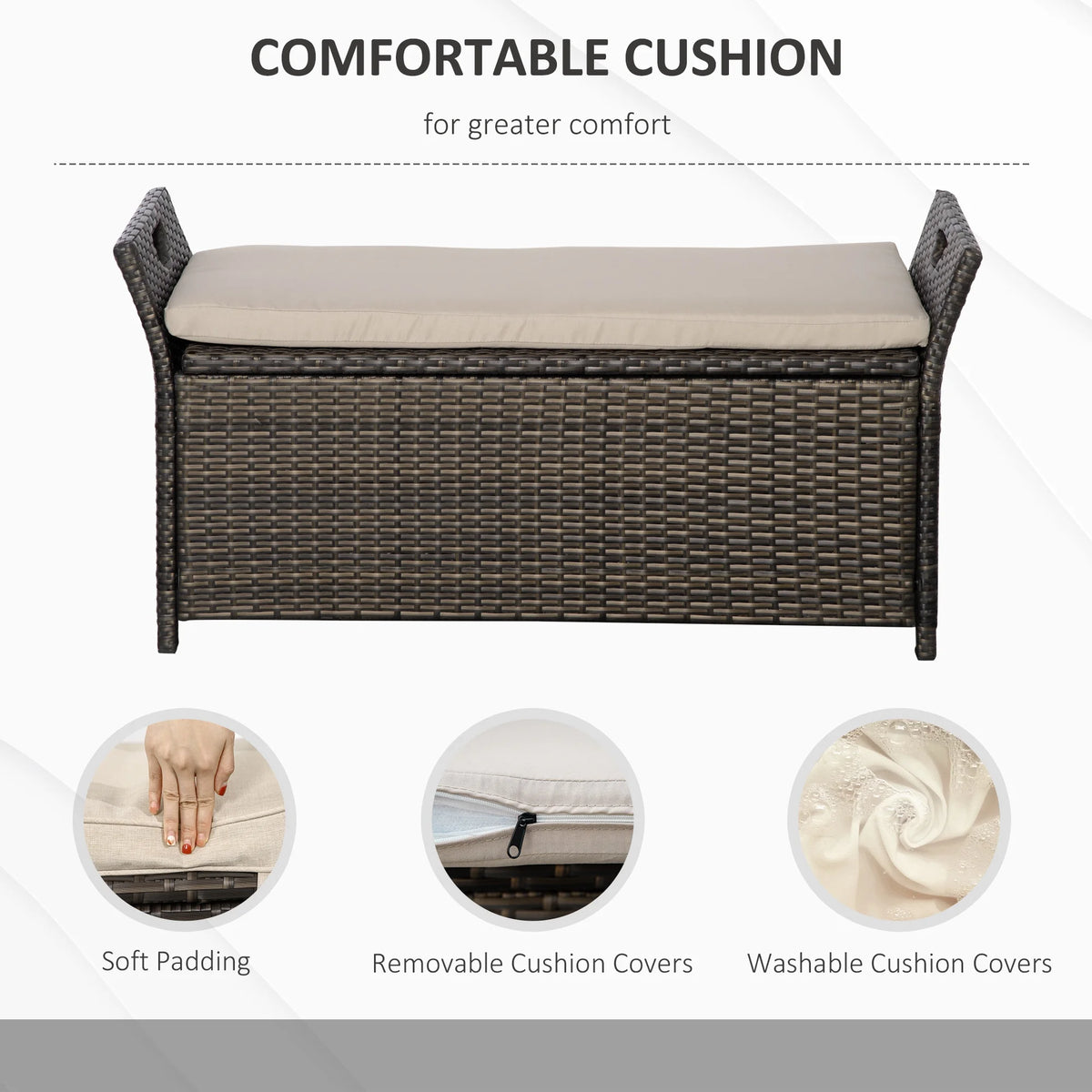 2026 DUOSONG Outsunny 27 Gallon Patio Wicker Storage Bench, Outdoor Pe Rattan Patio Furniture, 2-In-1 Large Capacity Rectangle Garden Storage Box With Handles And Cushion, Cream White Brown+White Steel