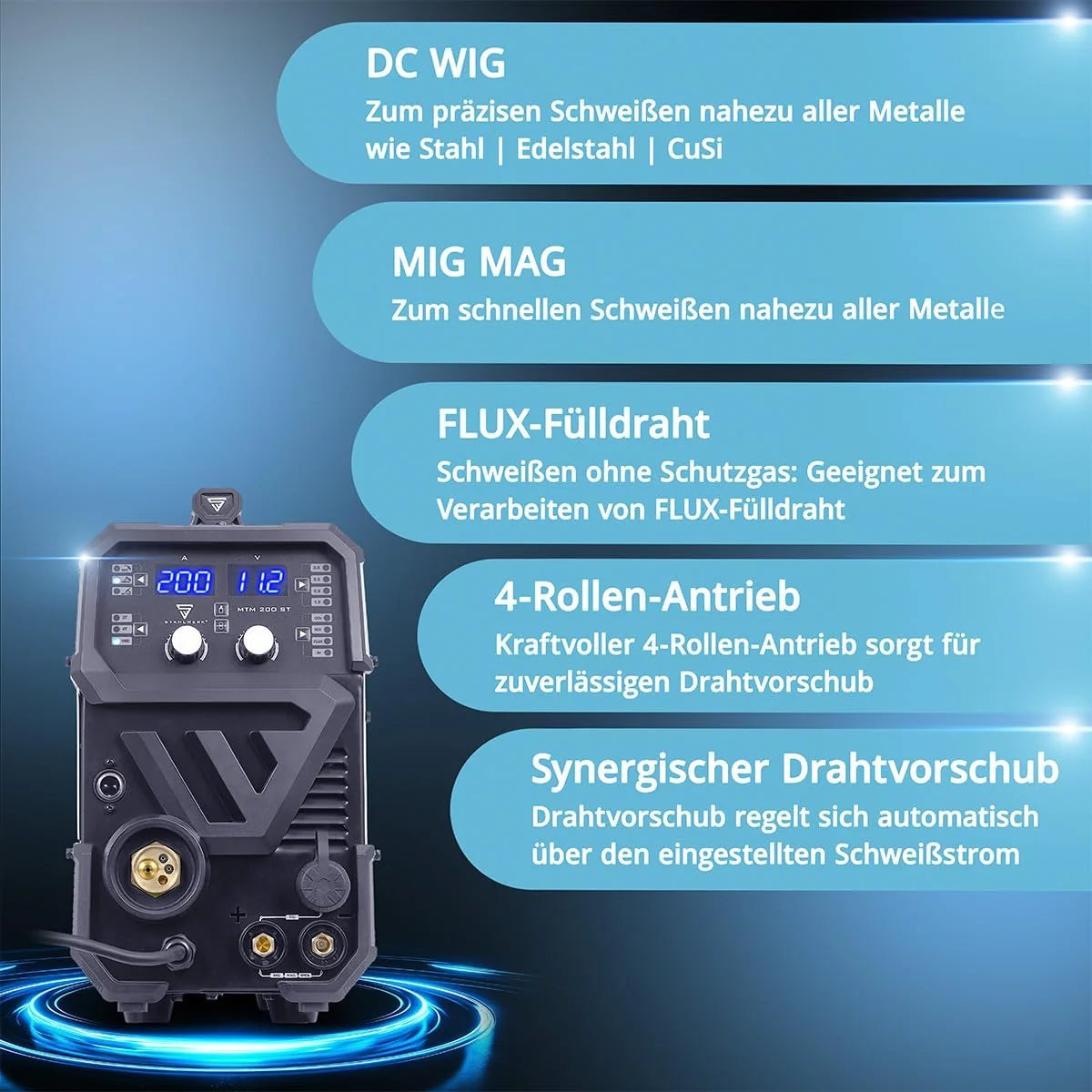 Máquina de soldadura por arco metálico con gas combinada STAHLWERK 3 en 1 MTM – 200 ST 2026 – Equipo completo – TIG, MIG/MAG, MMA/Stick hasta 200 A, alimentación de alambre sinérgica, accionamiento de 4 rodillos, adecuada para alambre tubular, acero