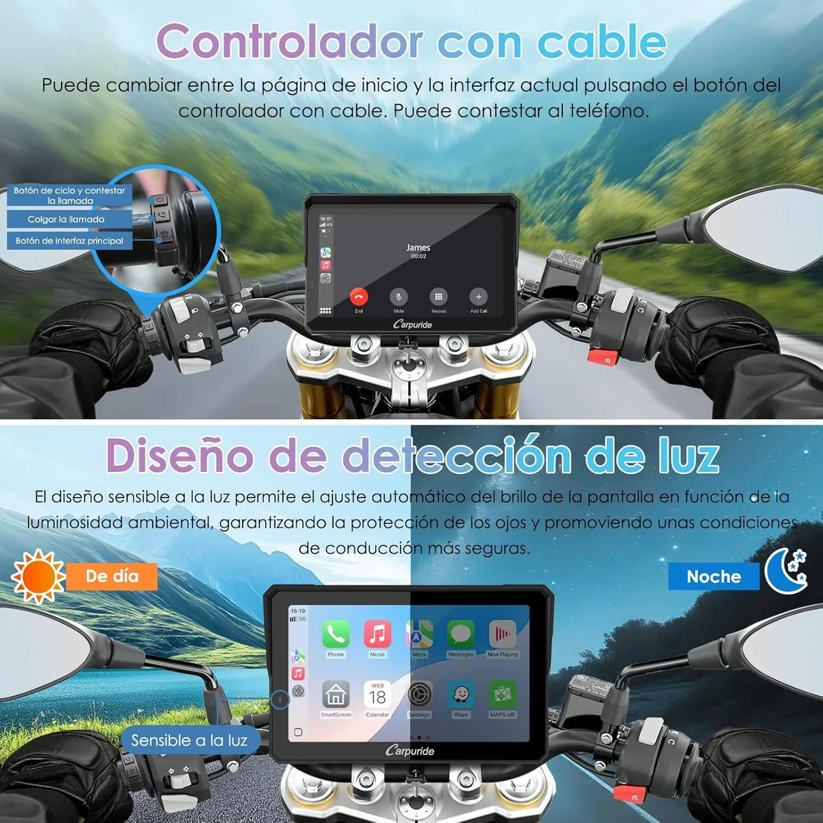2026 CARPURIDE W702S Pro Motocicleta CarPlay Pantalla con BM05 Soporte para Conectar y Usar, Inalámbrico CarPlay y Android Auto, 7" Impermeable Táctilpantalla, Dual Bluetooth, Control con Cable, Brújula.