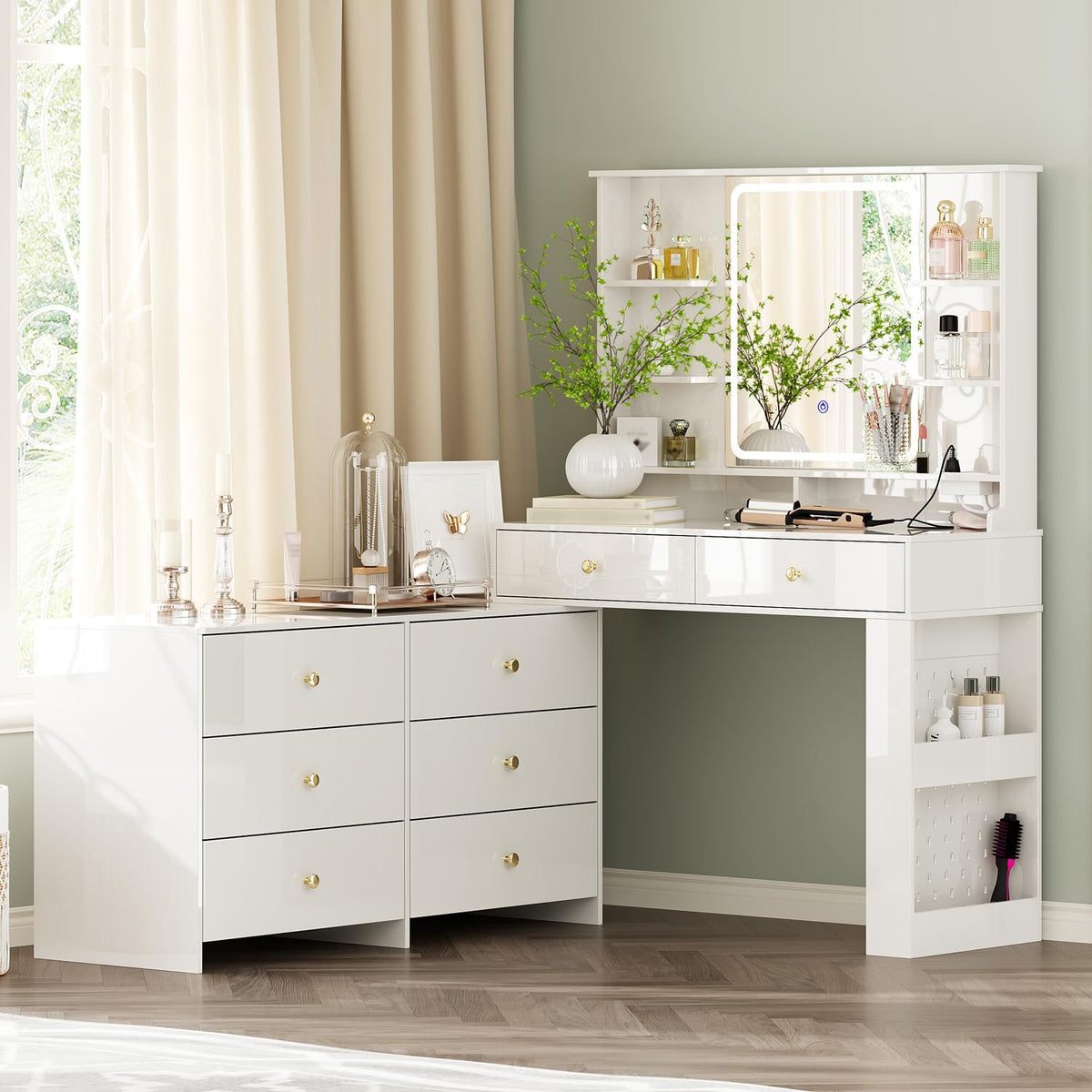 2026 Makeup Vanity Desk with Mirror and Lights, Vanity Desk with 8 Drawers & Storage Shelves, Vanity Table with Power Outlet, 3 Color Modes & Adjustable Brightness Dressing Table, Bedroom, White