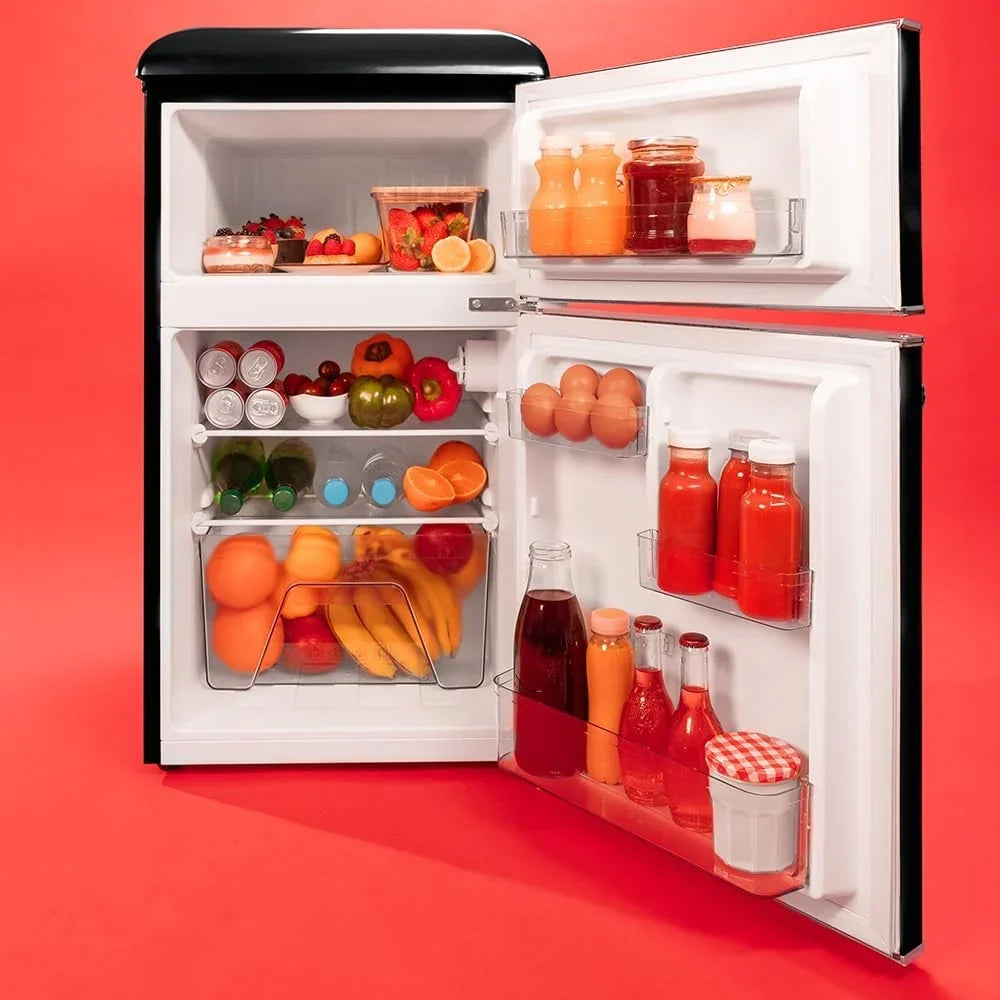 2026 Cecotec Nevera Pequeña Frigorífico 2 Puertas Retro 86L Bolero CoolMarket 2D Origin 86 Black E. 89,3cm de Alto y 48,7cm de Ancho, Clase Energética E, Icebox, Luz Interior y Tirador Cromado, Negro