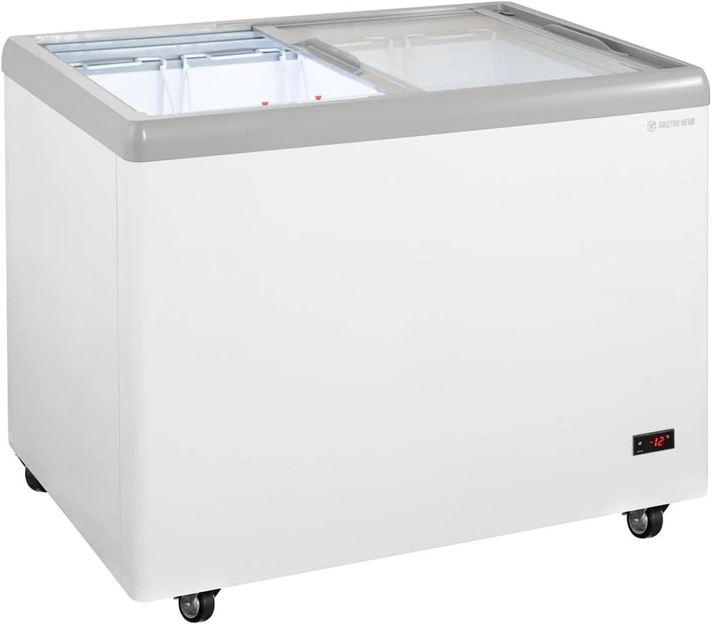 Congelador horizontal para helados GastroHero 2026, 284 litros, congelador profundo, iluminación LED, tapa de vidrio corrediza, ruedas. Congelador comercial para venta de helados, – 18 °C, quiosco de catering.