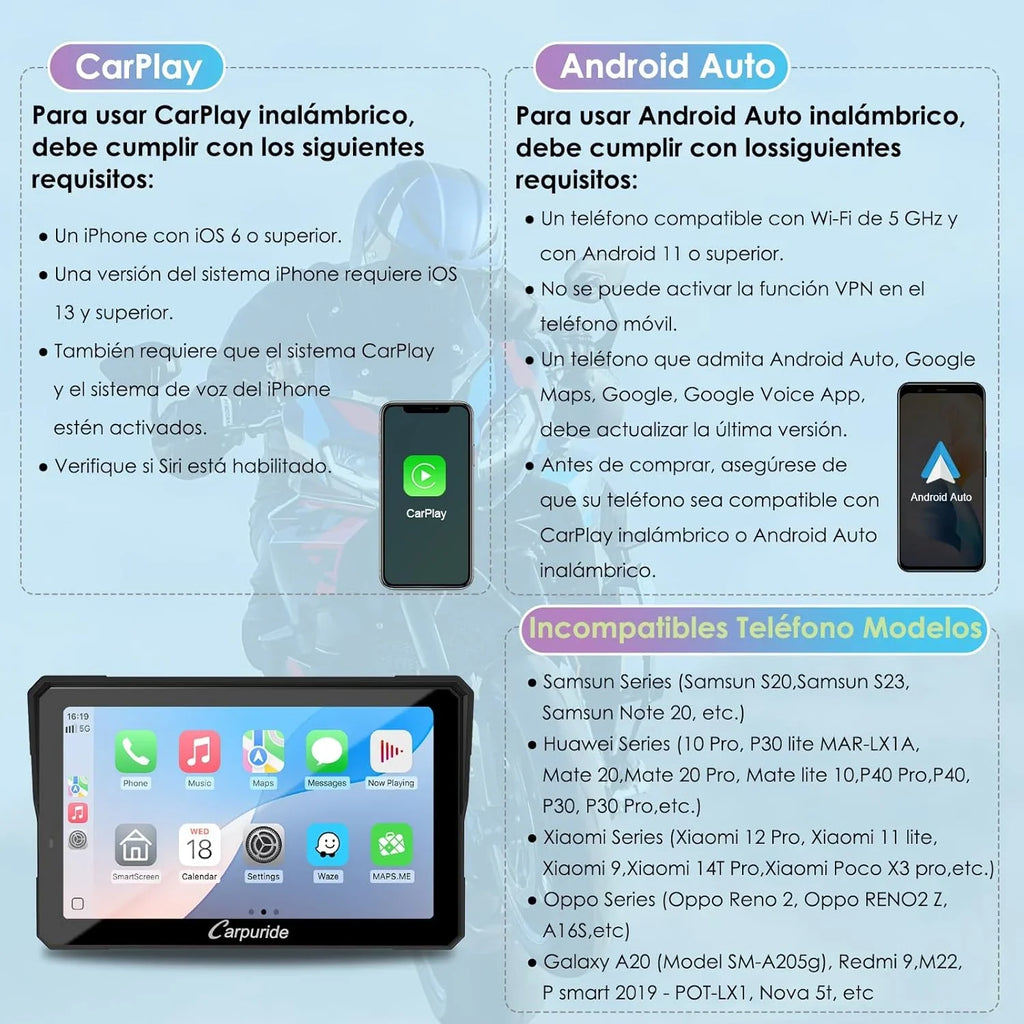 2026 CARPURIDE W702S Pro Motocicleta CarPlay Pantalla con BM05 Soporte para Conectar y Usar, Inalámbrico CarPlay y Android Auto, 7" Impermeable Táctilpantalla, Dual Bluetooth, Control con Cable, Brújula.