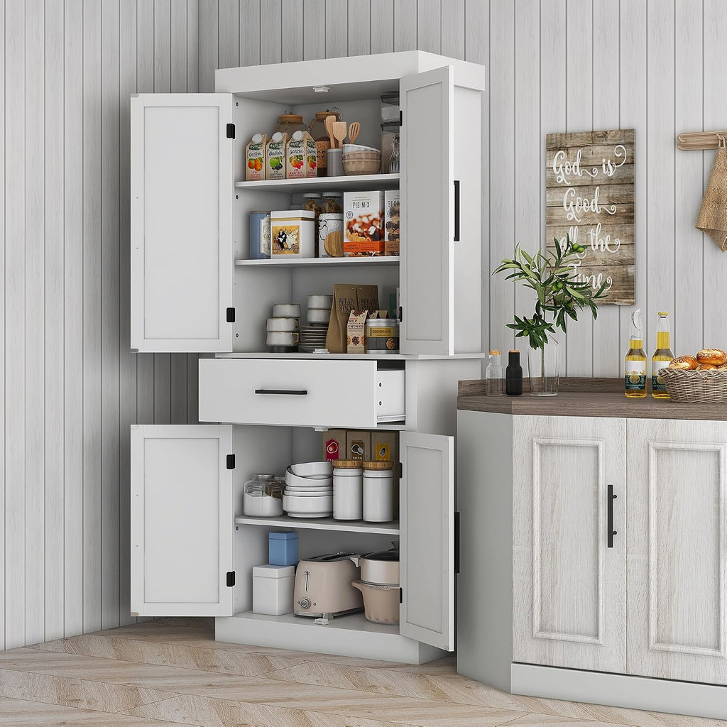 2026 72" Tall Kitchen Pantry Cabinet Adjustable Shelves Barn Doors White