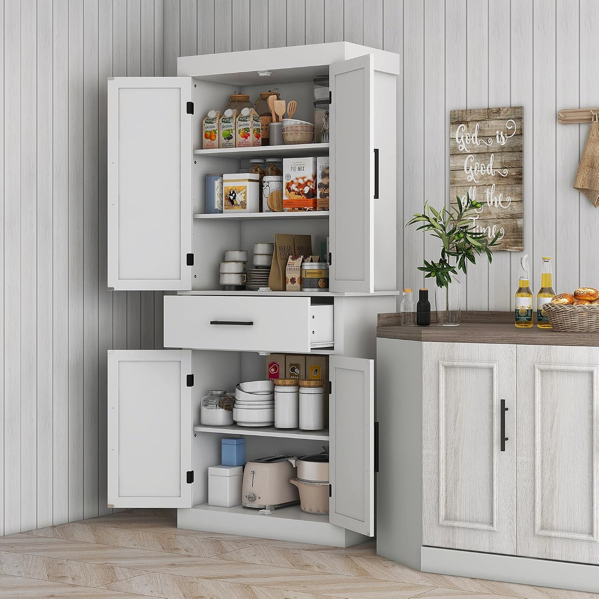 2026 72" Tall Kitchen Pantry Cabinet Adjustable Shelves Barn Doors White