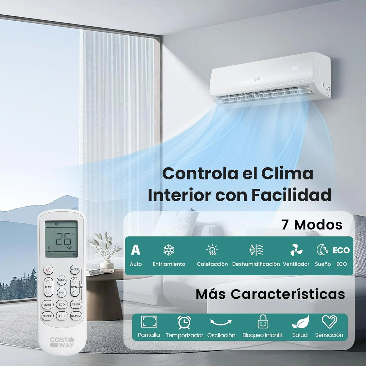 COSTWAY Aire Acondicionado Split, 2,6 kW, Aire Acondicionado con Calefacción con Bomba de Calor,Refrigerante: R32, Calefactor y Refrigerador con Kit de Instalación para Habitación hasta 70m³ (9000BTU) 2026