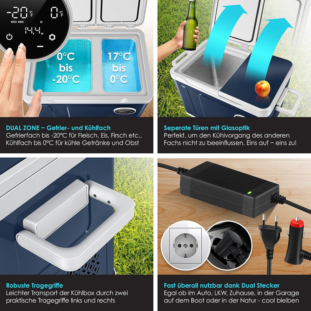 Nevera portátil KESSER 2026 con compresor, 2 en 1, doble zona de refrigeración y congelación, con congelador eléctrico, 2 acumuladores de frío y control táctil LED | Refrigerador con capacidad de enfriamiento hasta – 20 °C para camping, coche y
