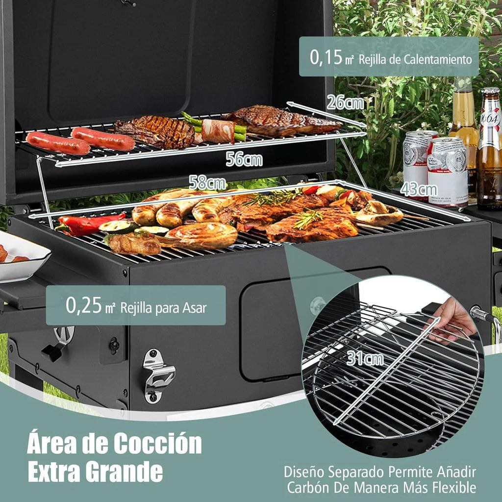 2026 COSTWAY Barbacoa Carbon XXL, Barbacoa Portatil 128 x 54x 117 cm, Tapa, Termómetro, 2 Mesas Laterales Plegables, 8 Ganchos, 2 Ruedas y Abridor de Botellas