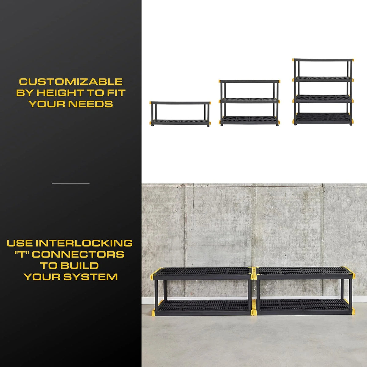 2026 TDUKDB Black and Yellow, 4-Tier Heavy Duty Plastic Storage Shelving Unit, 200lbs/shelf (55-H x 48-W x 20-D), for Indoor/Outdoor Organization, Modular Rack