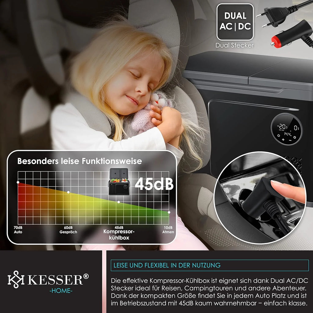 Nevera portátil KESSER 2026 con compresor, 2 en 1, doble zona de refrigeración y congelación, con congelador eléctrico, 2 acumuladores de frío y control táctil LED | Refrigerador con capacidad de enfriamiento hasta – 20 °C para camping, coche y
