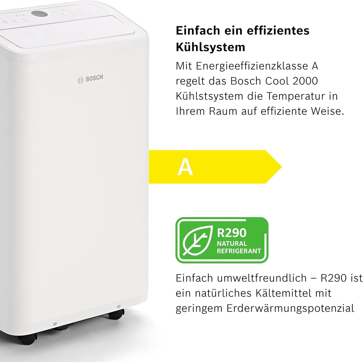 Aire acondicionado portátil Bosch Cool 4000 (modelo 2026) – 3 en 1: Aire acondicionado, deshumidificador y ventilador – 2,6 kW para habitaciones de hasta 35 m² – Con modo automático, modo silencioso y modo reposo.