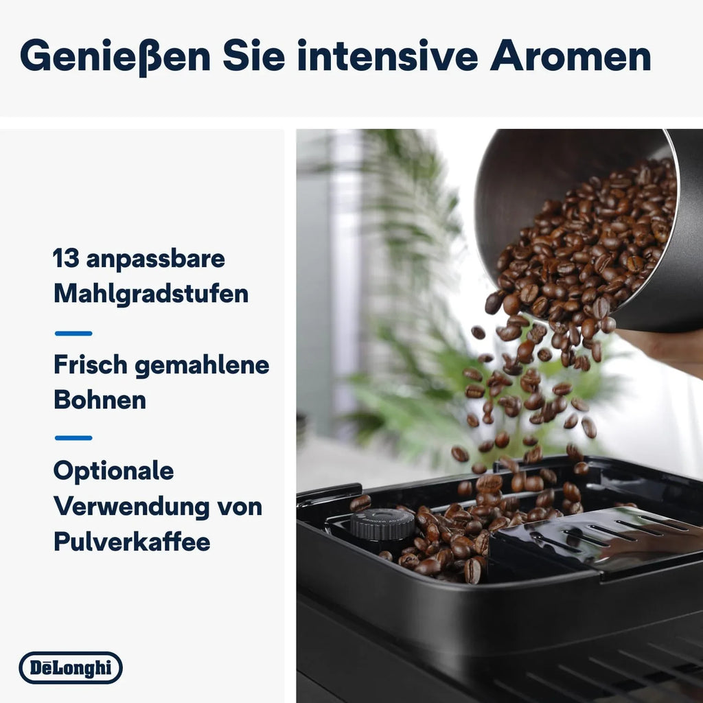 Cafetera automática De'Longhi Magnifica Evo ECAM 292.81.B (modelo 2026) con sistema de leche LatteCrema, 7 botones de selección directa para capuchino, espresso y otras especialidades de café, función para 2 tazas, color negro.