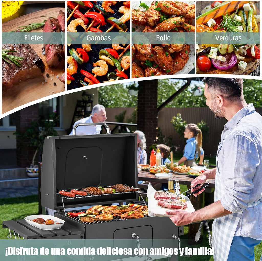 2026 COSTWAY Barbacoa Carbon XXL, Barbacoa Portatil 128 x 54x 117 cm, Tapa, Termómetro, 2 Mesas Laterales Plegables, 8 Ganchos, 2 Ruedas y Abridor de Botellas
