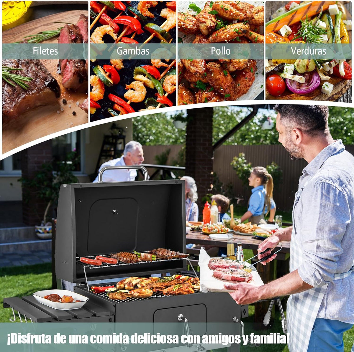 2026 COSTWAY Barbacoa Carbon XXL, Barbacoa Portatil 128 x 54x 117 cm, Tapa, Termómetro, 2 Mesas Laterales Plegables, 8 Ganchos, 2 Ruedas y Abridor de Botellas