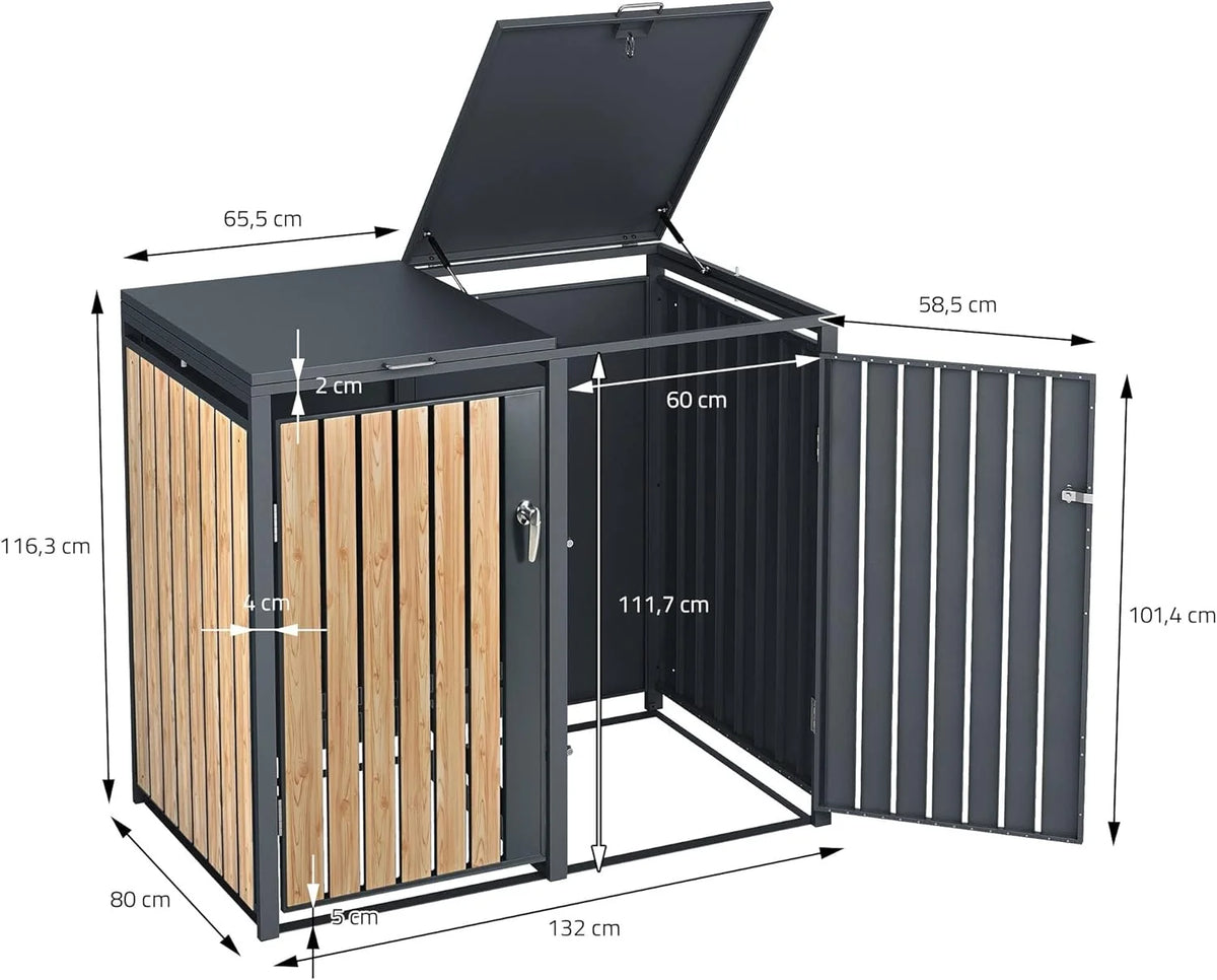 Contenedor de residuos ML – Design 2026 de 3 compartimentos, 240 L, 200 x 80 x 116,3 cm, acabado imitación madera antracita, acero, resistente a la intemperie/con cerradura, caja para contenedores de residuos con tapa abatible/3 puertas, contenedor