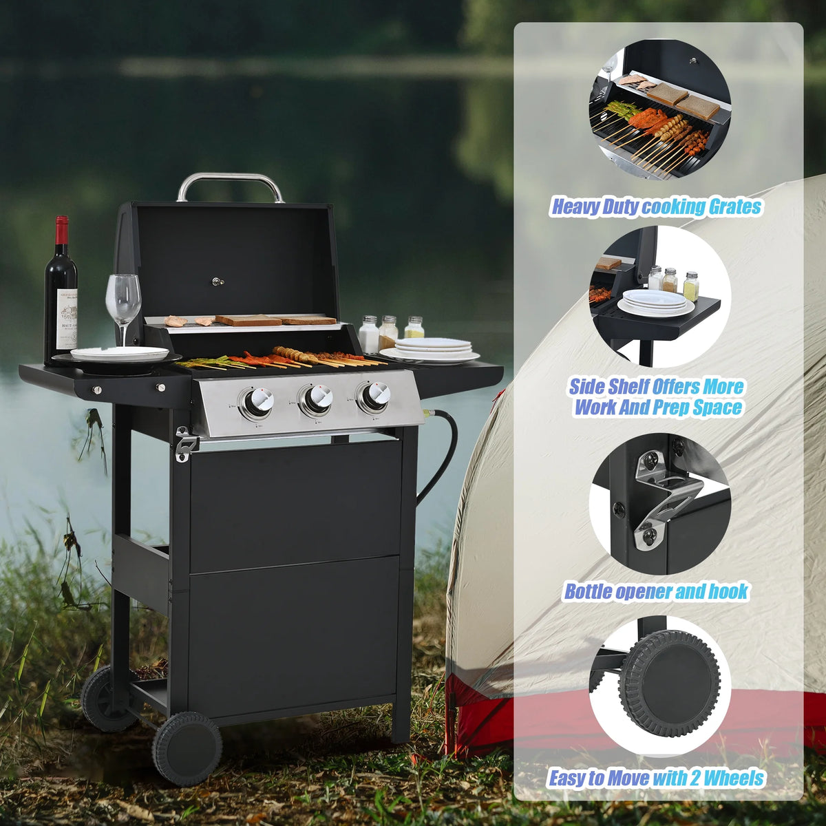 2026 Qiushi 3-Burner Propane Gas Grill, 26,000 BTU Stainless Steel BBQ Grill with 2 Shelves & Thermometer, Outdoor Patio Grill with Electronic Ignition, Wheels & Bottle Opener -M?Durable & Even Heating