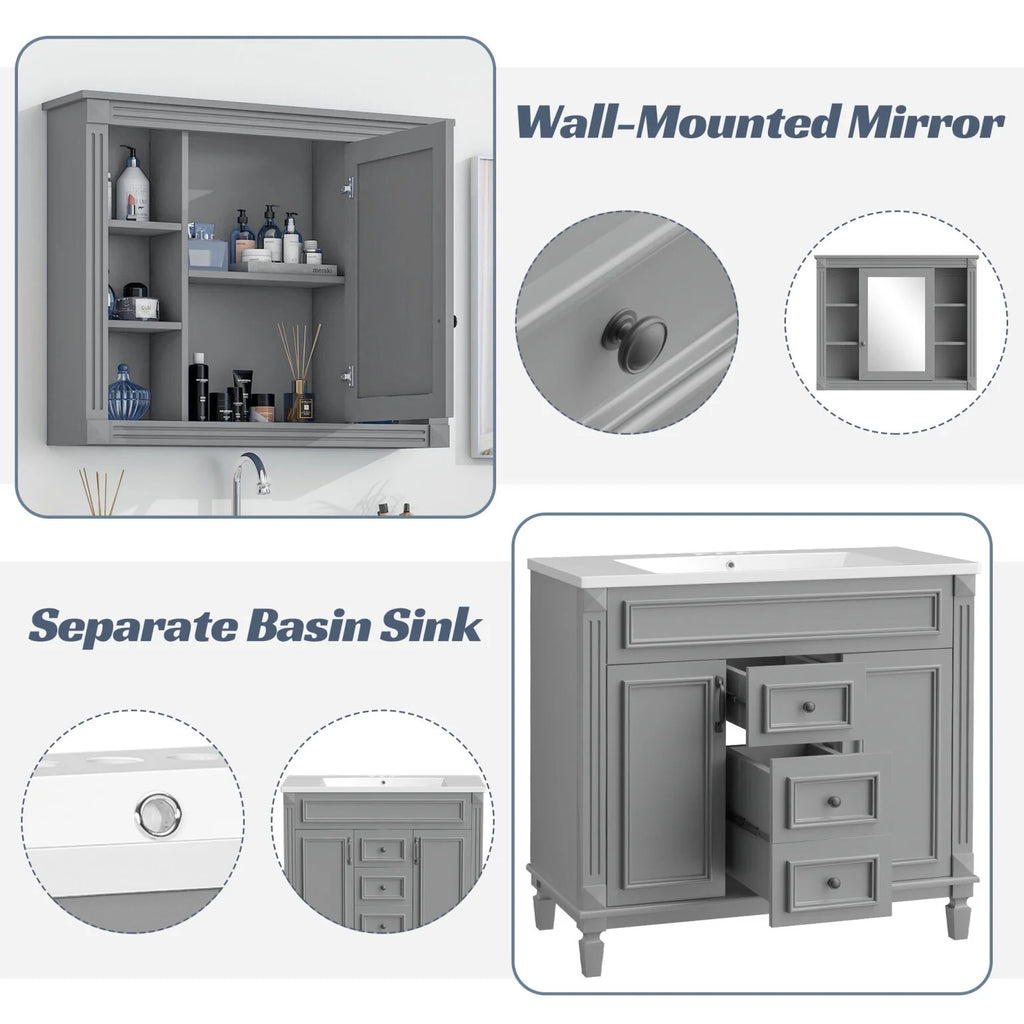 2026 Modern Bathroom Furniture Set, 36" Bathroom Vanity with Top Sink, 35" Wall Mounted Bathroom Storage Cabinet, Mirror Cabinet with 6 Shelves, Storage Cabinet with 2 Doors and 2 Drawers, Grey
