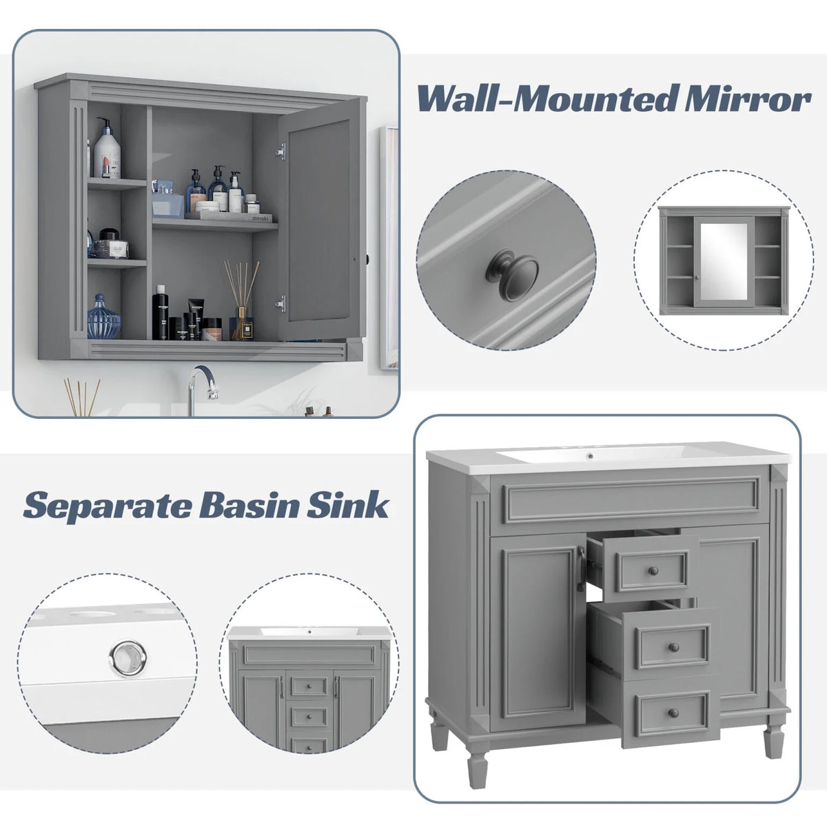 2026 Modern Bathroom Furniture Set, 36" Bathroom Vanity with Top Sink, 35" Wall Mounted Bathroom Storage Cabinet, Mirror Cabinet with 6 Shelves, Storage Cabinet with 2 Doors and 2 Drawers, Grey