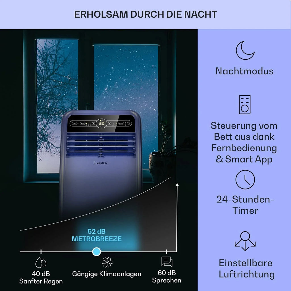 Aire acondicionado móvil Klarstein 2026 con manguera de escape, aire acondicionado 4 en 1 con ventilador, deshumidificador y modo nocturno, aire acondicionado pequeño y portátil para el hogar y la oficina, bajo consumo de energía, 9000 BTU.