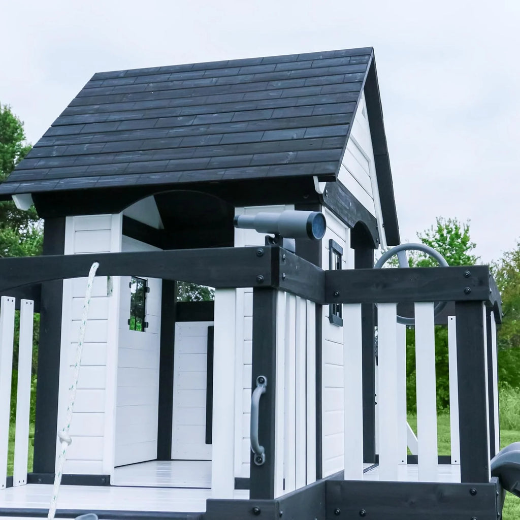 2026 Canyon Creek Cedar Wood Swing Set with Wave Slide, Clubhouse, Play Kitchen, Picnic Area, Belt Swings, Web Swing, Rock Wall, Balconies, Playhouse, Step Ladder, Outdoor Playset