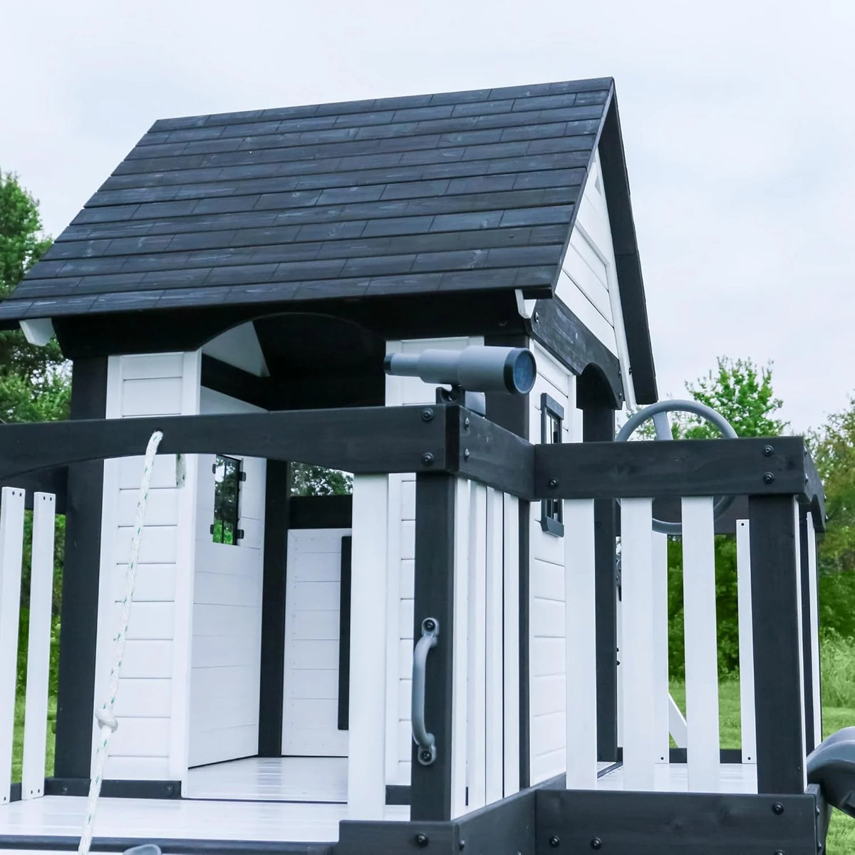2026 Canyon Creek Cedar Wood Swing Set with Wave Slide, Clubhouse, Play Kitchen, Picnic Area, Belt Swings, Web Swing, Rock Wall, Balconies, Playhouse, Step Ladder, Outdoor Playset