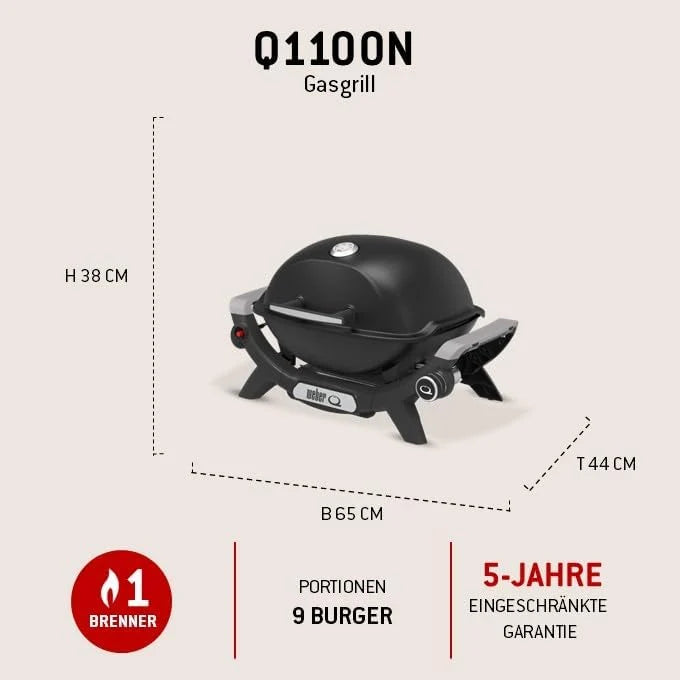 Parrilla de gas portátil Weber Q 1100N 2026, ligera, ideal para acampar, patios y balcones. Cuenta con quemador de alto rendimiento, rejillas de hierro fundido esmaltado y encendido electrónico. Color negro medianoche.