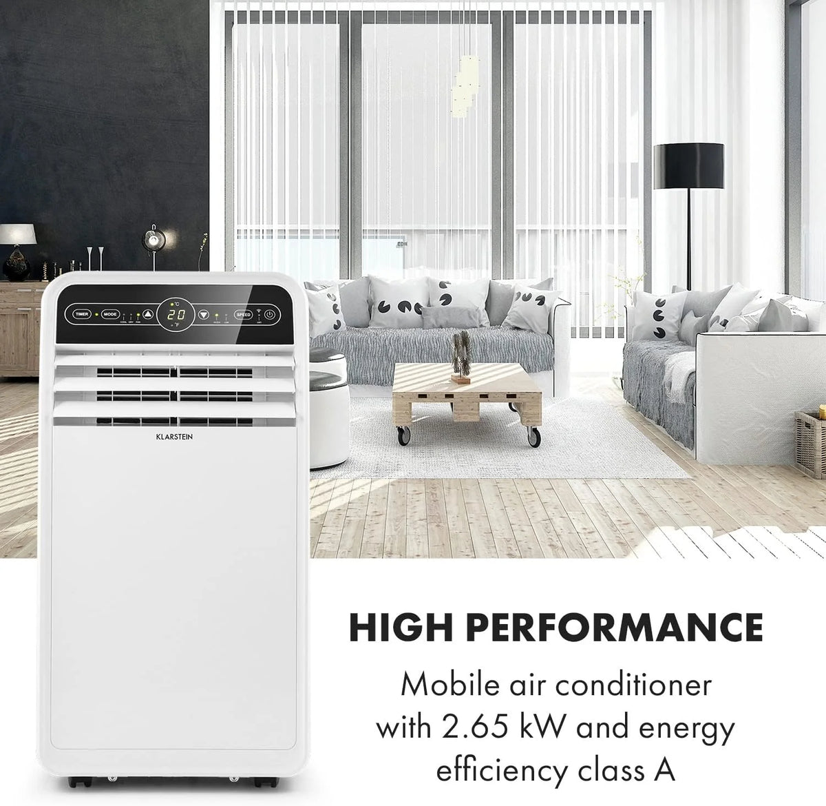 Aire acondicionado móvil Klarstein 2026 con manguera de escape, aire acondicionado 4 en 1 con ventilador, deshumidificador y modo nocturno, aire acondicionado pequeño y portátil para el hogar y la oficina, control por aplicación, 12000 BTU.
