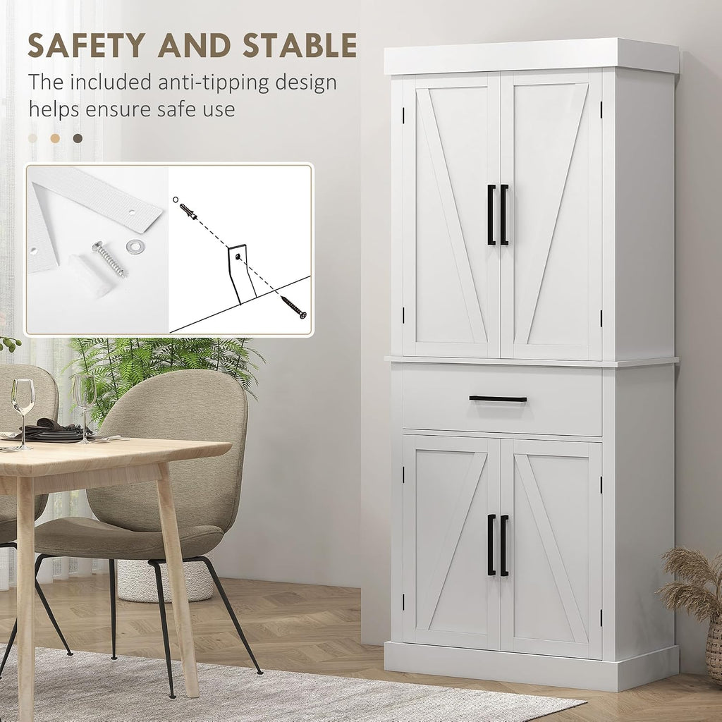 2026 72" Tall Kitchen Pantry Cabinet Adjustable Shelves Barn Doors White