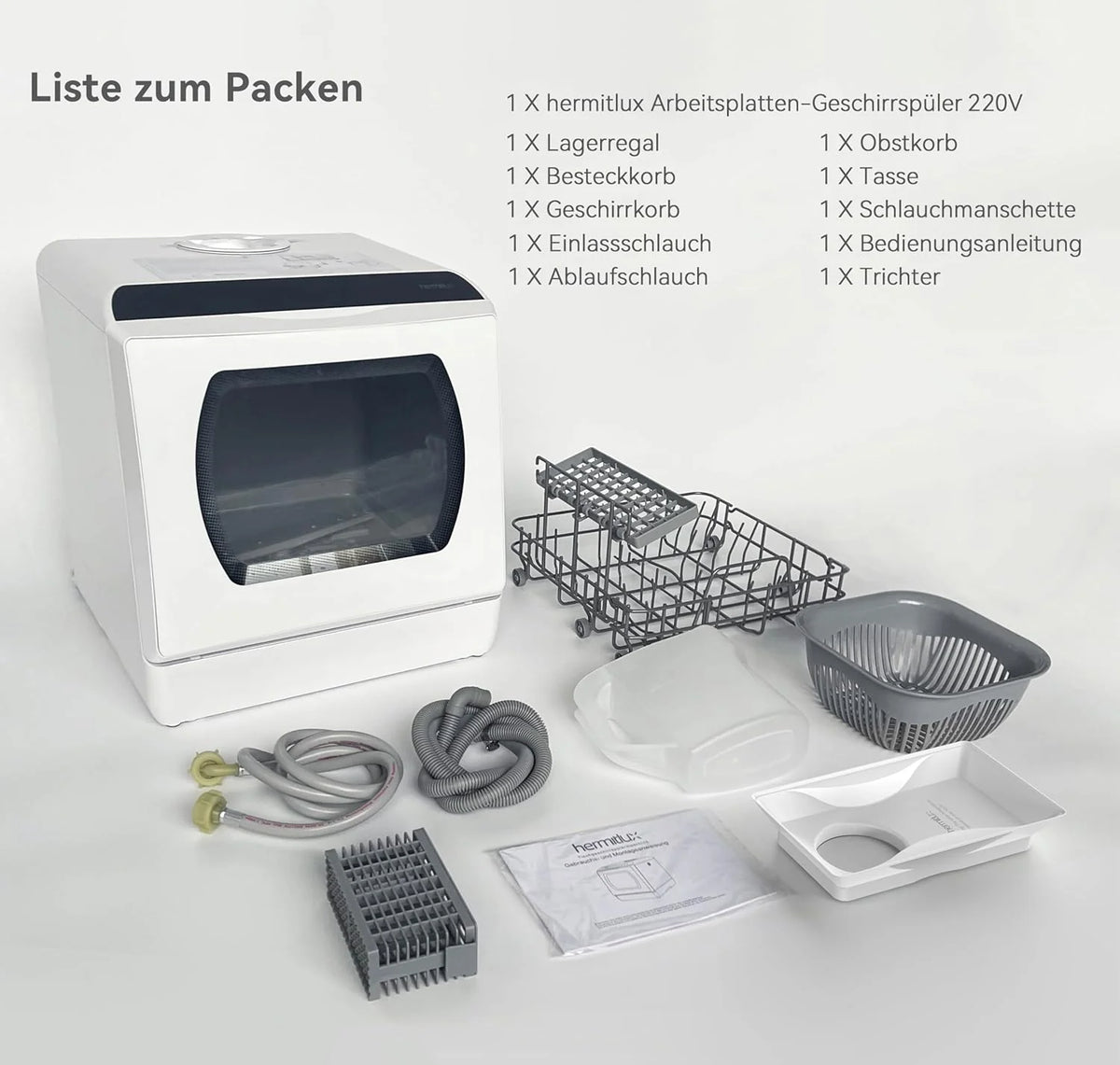 Lavavajillas mini Hermitlux 2026, lavavajillas para 4 juegos de cubiertos, depósito de agua de 5 litros, 6 programas, mini lavavajillas de sobremesa, perfecto para apartamentos, residencias de estudiantes y camping, color blanco.