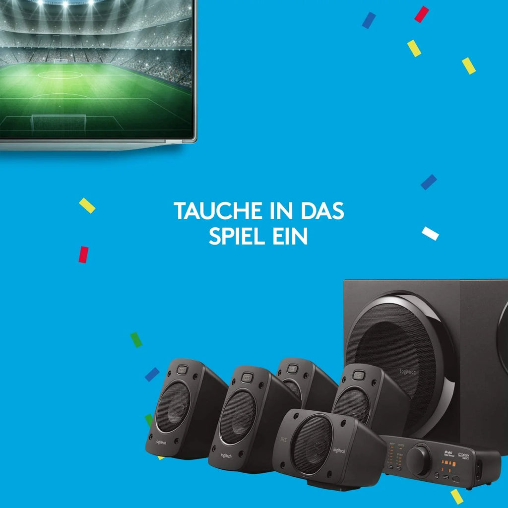 Sistema de sonido Logitech Z906 5.1 (modelo 2026), altavoces con sonido envolvente de 1000 vatios, THX, múltiples entradas de audio, control remoto, enchufe europeo, compatible con PC/PS4/Xbox/sistemas estéreo/TV/smartphones/tabletas – Negro