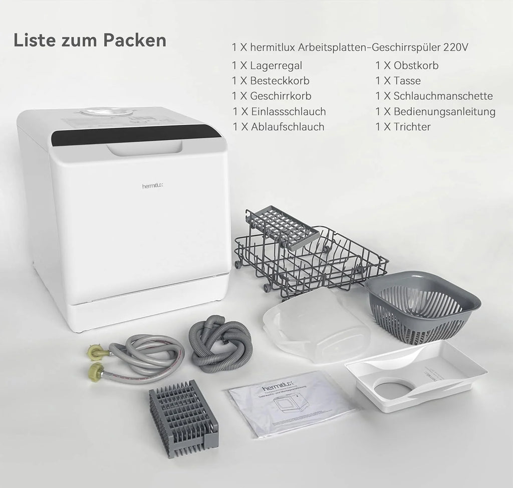 Lavavajillas mini Hermitlux 2026, lavavajillas para 4 juegos de cubiertos, depósito de agua de 5 litros, 6 programas, mini lavavajillas de sobremesa, perfecto para apartamentos, residencias de estudiantes y camping, color blanco.
